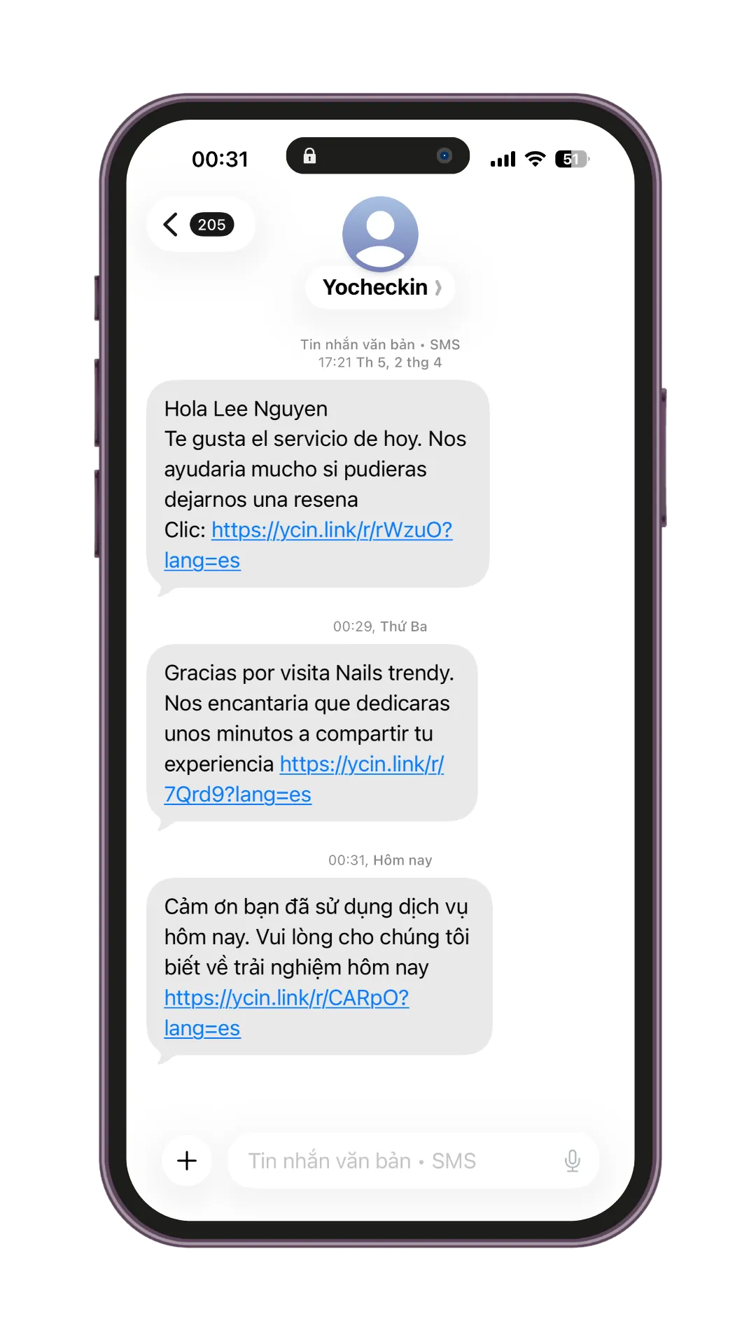 Tin nhắn SMS Marketing tự động gửi tin xin đánh giá Google Maps cho tiệm nails YoCheckIn