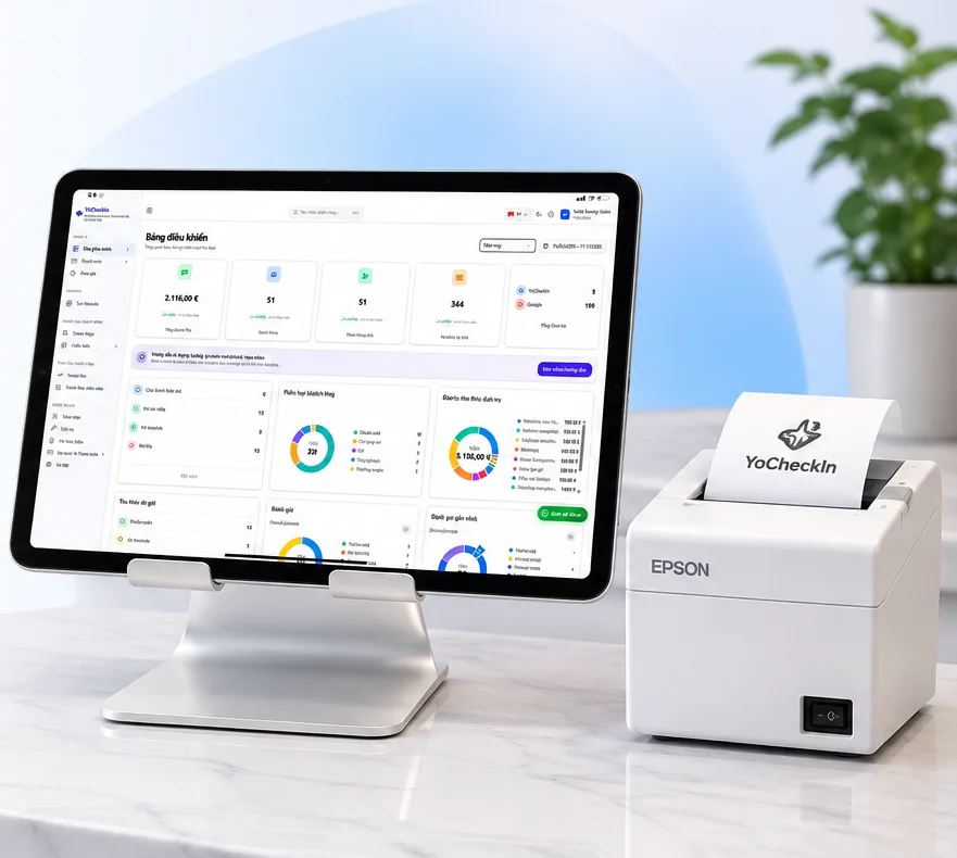 Máy POS YoCheckIn đặt tại quầy lễ tân tiệm nails, màn hình hiển thị bảng điều khiển doanh thu và lịch hẹn, bên cạnh là máy in hóa đơn