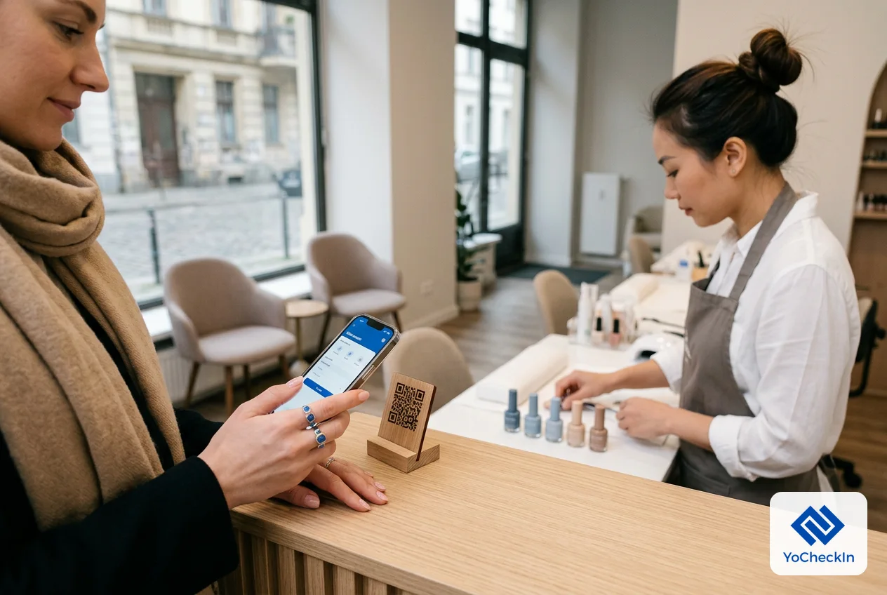 Khách vừa làm móng xong quét mã QR ở quầy lễ tân để viết đánh giá cho tiệm nail