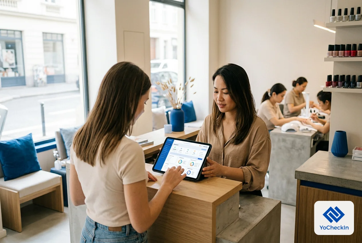Chủ tiệm hướng dẫn khách check-in trên máy tính bảng, minh họa hệ thống quản lý tiệm nail