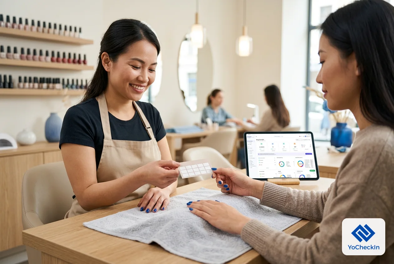 Thợ nail trao thẻ tích điểm cho khách sau buổi làm móng, minh họa kinh nghiệm mở tiệm nail giữ khách quen