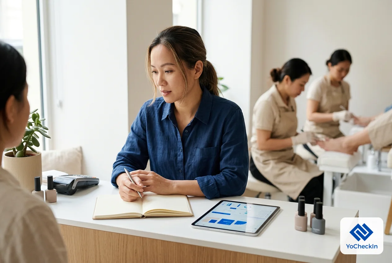 Chủ tiệm họp với nhóm thợ nail sau giờ làm để trao đổi về quy trình và hoa hồng