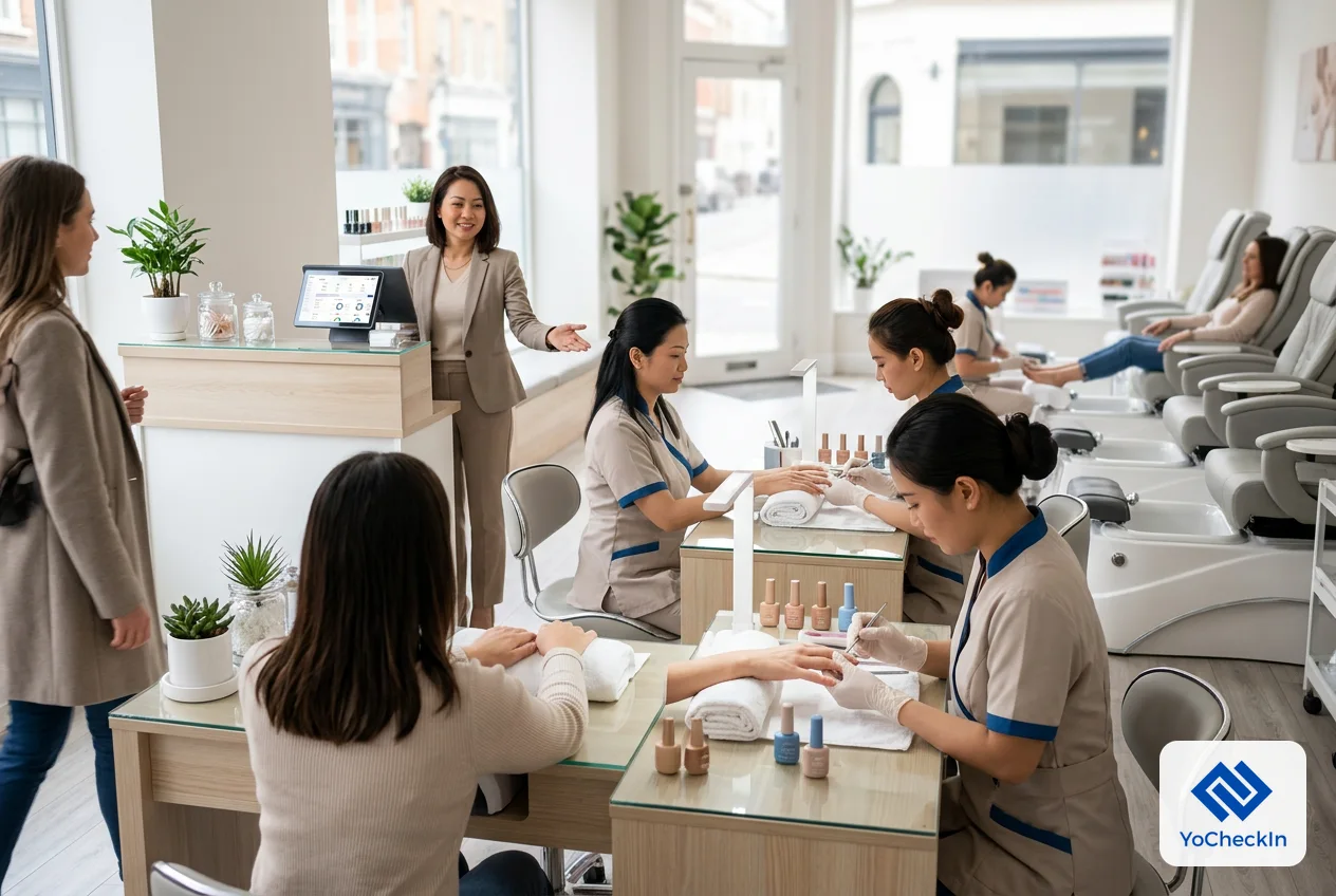 Chủ tiệm chỉ định thợ tới lượt phục vụ khách mới bước vào, minh hoạ cách chia turn trong tiệm nail