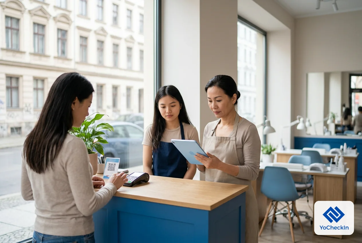 Chủ tiệm nail hướng dẫn khách quét mã QR để mở review Google Maps link tại quầy