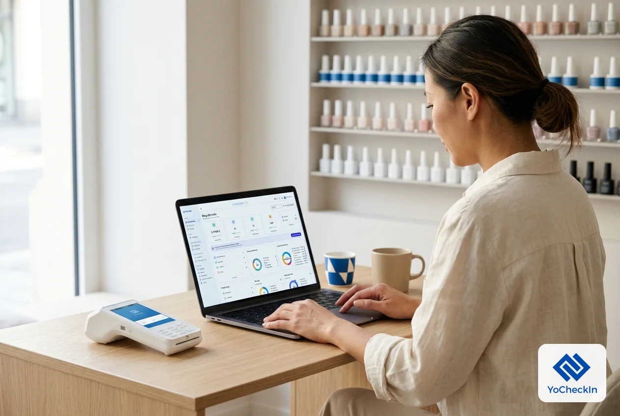Chủ tiệm dùng laptop trong văn phòng nhỏ của tiệm nail để lấy link và mã QR đánh giá