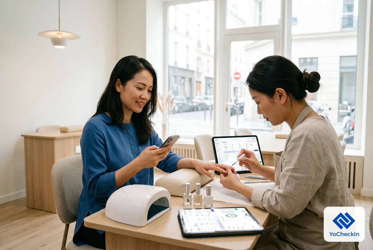 Khách xem điện thoại sau khi làm móng xong, thợ nail hoàn thiện bộ móng tại bàn làm việc